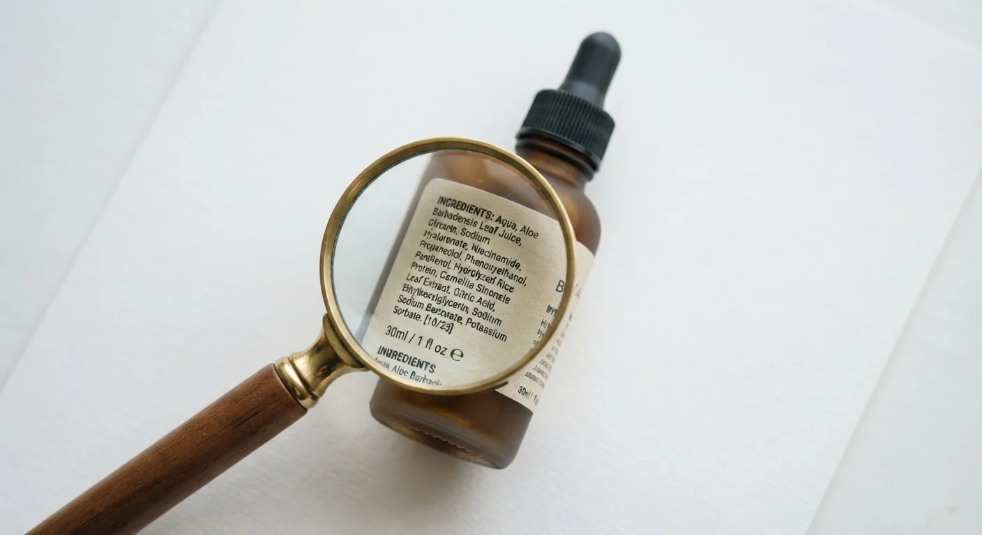 Magnifying glass resting on a skincare product label showing printed ingredient list