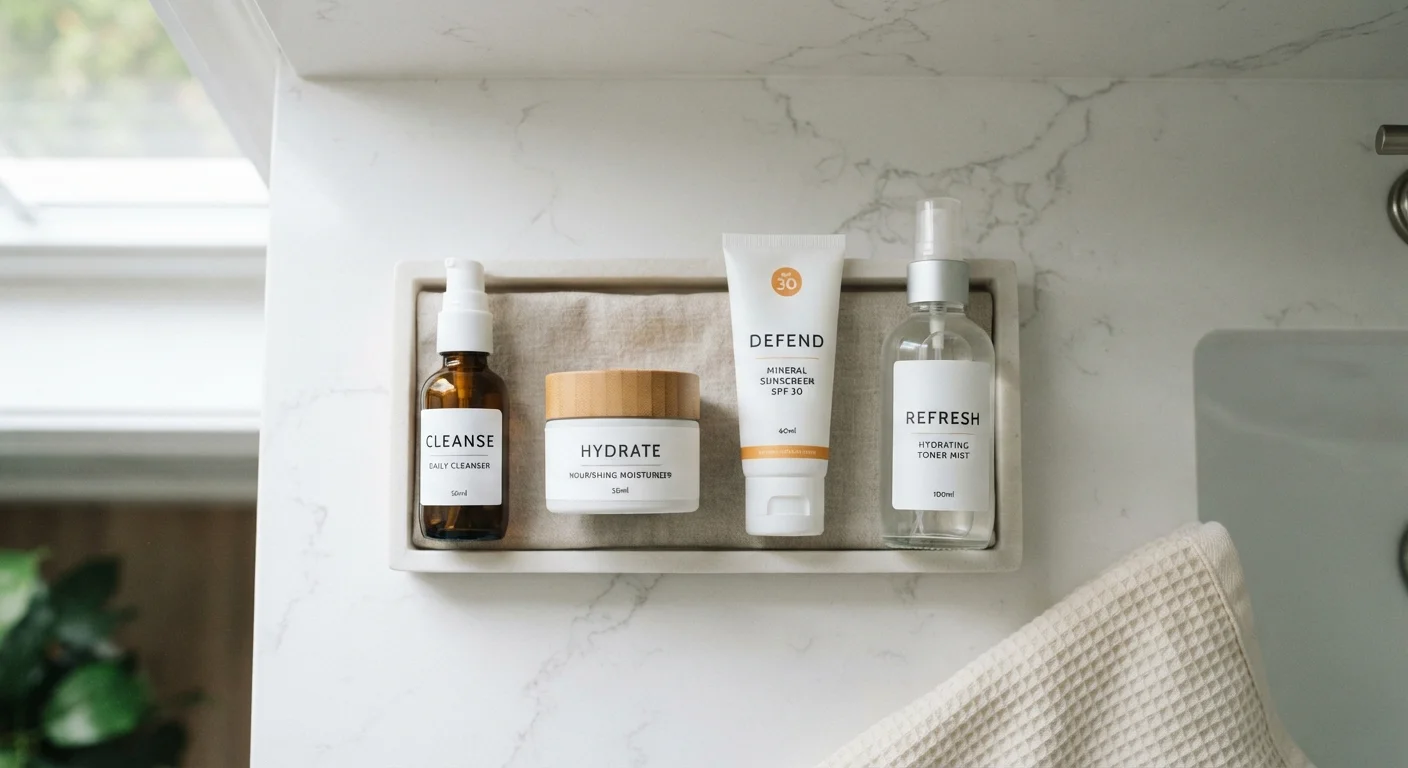 Flat lay of basic skincare products arranged neatly on a white bathroom countertop in natural light