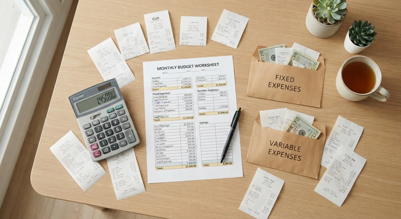 Kitchen table with a budget worksheet, two labeled envelopes, a calculator, and household receipts