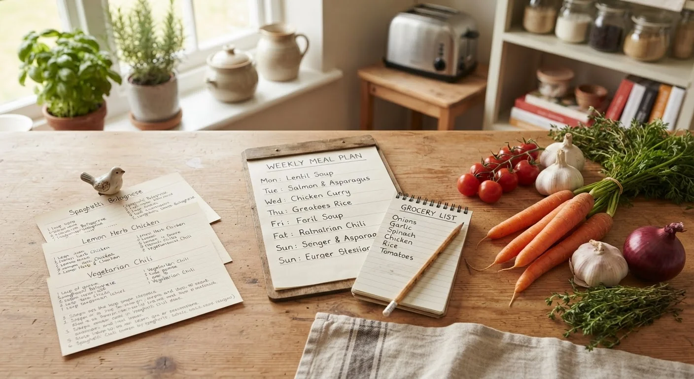Weekly meal plan notepad on a kitchen table surrounded by fresh vegetables and a grocery list