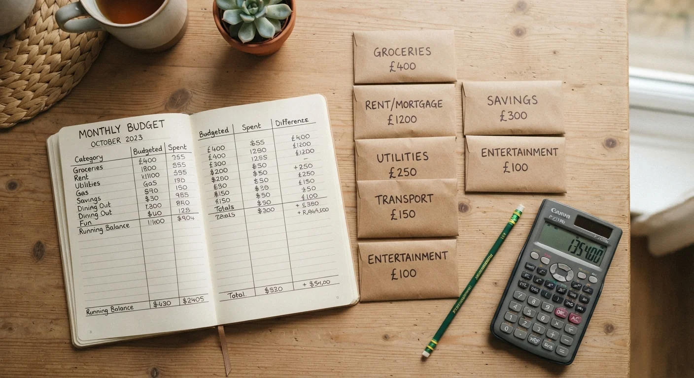 Labeled savings envelopes and a budget notebook arranged on a family kitchen table