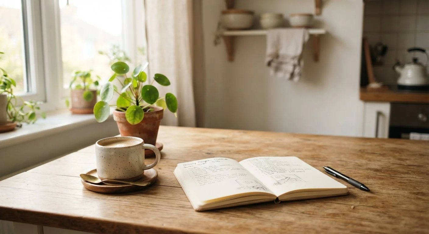 A tidy kitchen table with a notebook, coffee cup, and small plant in morning light